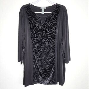 Catherines Top Velvet Design Stretchy 3/4 Sleeves Black 2X